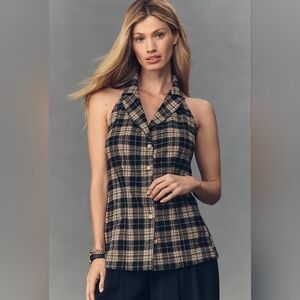 Anthropologie Pilcro Black and Tan Plaid Halter Backless Blouse